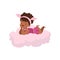 Sweet happy african little girl lying on pink cloud, kids imagination and dreams vector illustration