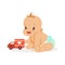 Sweet happy baby sitting and playing with toy car, colorful cartoon character vector Illustration
