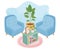 Sweet home armchairs potted plant picture frame books and carpet