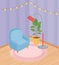 Sweet home sofa potted plant lamp carpet and hanging lights