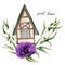 Sweet home watercolor illustration. Watercolor house in Alpine style with eucalyptus leaves and anemone flowers isolated on white