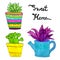 Sweet home watercolor plant collection. Succulent in a ceramic flower pot. Purple plant in a watering can.