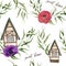 Sweet home watercolor seamless pattern. Watercolor house in Alpine style with eucalyptus leaves, anemone flowers and
