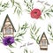 Sweet home watercolor seamless pattern. Watercolor house in Alpine style with eucalyptus leaves, anemone flowers and ranunculus is