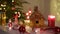 Sweet homemade gingerbread house decorated candies and glazed is standing on table near Christmas tree with decorations lights, ca