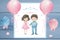 A sweet image of a couple holding hands tightly while joyfully walking with colorful balloons., Pink and blue gender reveal party