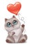 Sweet kitten playing with heart shaped balloon.