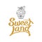 Sweet land lettering and hand drawn cupcake. Golden glitter. Greeting card, logo, print. Illustration