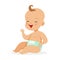 Sweet little baby in a diaper sitting and laughing, colorful cartoon character vector Illustration
