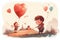 Sweet little boy and big heart balloon flying in sky with castle, Generative AI