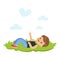 Sweet little boy lying on a grass and dreaming looking on the sky, kids imagination and fantasy, colorful character