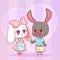 Sweet Little cute kawaii anime cartoon Puppy bunny rabbit boy and girl with flower chamomile shape of a heart. Card for Valentine