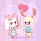 Sweet Little cute kawaii anime cartoon Puppy bunny rabbit boy and girl with pink balloon in the shape of a heart. Card for Valenti