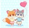 Sweet Little cute kawaii anime cartoon Puppy fox wolf dog boy and girl with pink balloon in the shape of a heart. Card for Valenti