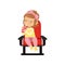 Sweet little girl in 3d glasses sitting on a red chair, drinking soda and watching 3D movie in the cinema vector