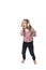 Sweet little girl with blonde hair listening to music with headphones and mobile phone singing and dancing happy