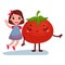 Sweet little girl having fun with giant tomato vegetable character, best friends, healthy food for kids cartoon vector
