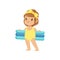 Sweet little girl in a yellow swimsuit holding blue inflatable mattress, kid playing at the beach, happy infants outdoor