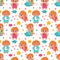 Sweet little heaven angels seamless pattern. Cartoon print with cute cupids on clouds. Chubby babies hold harps and