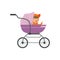 Sweet little kid sitting in a purple baby pram, safety handle transportation of small childrens vector illustration