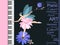 Sweet little winged fairy - ballerina in pink tutu playing on a large concert grand piano. Lovely blue chamomile and abstract text