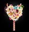 Sweet Lolipop in Heart form of whipped cream with sweets, jellies, heart front view. Crazy freakshake food trend. Front