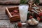 Sweet lychee juice on the wooden rustic background Closeup of fresh lychee juice with fruits