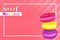 Sweet macarons vector banner lettering illustration on coral background with colors macarons.