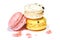 Sweet macaroons macarons  on white background. French cookies with vanilla, lemon and strawberry