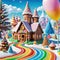 a sweet and magical with candy land landscape and gingerbread fantasy house