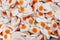 Sweet marmalade in the shape of fried eggs, close-up background wallpaper food. Jelly candy white yellow