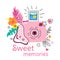 Sweet memories. Camera savings beautiful moments, t-shirt art print design. Fun slogan, fashion sticker with photo and