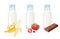 Sweet milk in glass bottles isolated on white background. Banana milk, strawberry and chocolate.