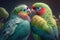 Sweet moment of two lovebirds grooming each other\\\'s feathers on a lush green tree branch