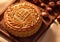 Sweet mooncakes pastry on round wooden board.Macro.AI Generative