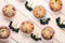 Sweet muffins with chokeberries (aronia) on white wooden table.