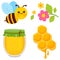Sweet natural honey collection with cute cartoon bee, honeycomb, jar of honey and springtime flowers. Vector illustration