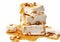 Sweet nougat with nuts and honey on white background.Macro.AI Generative