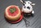 Sweet orange biscuit in form fruit grapefruit and symbol 2021 white bull cow. Topview. Food art idea
