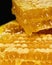 Sweet organic honey slices on dark background. Natural antibacterial, antifungal and antiviral agent