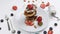 Sweet pancakes chocolate strawberry top view. white background