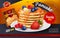 Sweet pancakes. Honey baking food ad box. Advertising of waffle with butter and fruits. Bakery snacks stack on plate