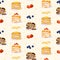 Sweet pancakes seamless pattern vector flat illustration. Treat baking homemade appetizing dessert