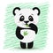 Sweet panda with a branch of bamboo in the style of the cartoon stands with a raised hand.
