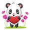 The sweet panda is hugging a love doll for valentine in the garden