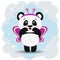 Sweet panda in pink butterfly costume, in the style of the cartoon stands with raised hands.