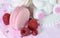 Sweet pastel French macaroon. Pink raspberry macaroon cookie, cl