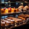 Sweet pastries with berries. Showcase in a candy store. Glass stand with cake eclairs and tartlets.