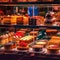 Sweet pastries with berries. Showcase in a candy store. Glass stand with cake eclairs and tartlets.