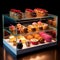 Sweet pastries with berries. Showcase in a candy store. Glass stand with cake eclairs and tartlets.